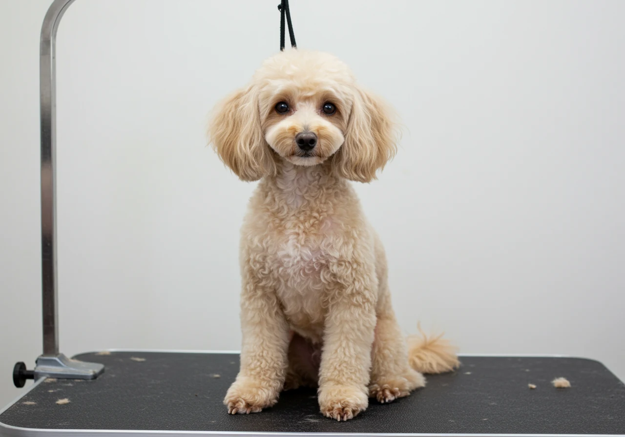 Caniche miniature sur table de toilettage