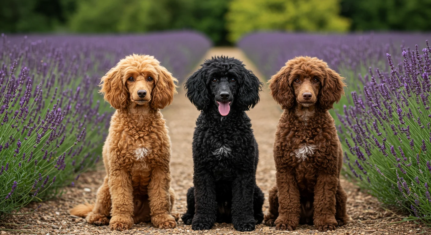 Trois caniches miniatures de couleurs differentes dans un jardin fleuri