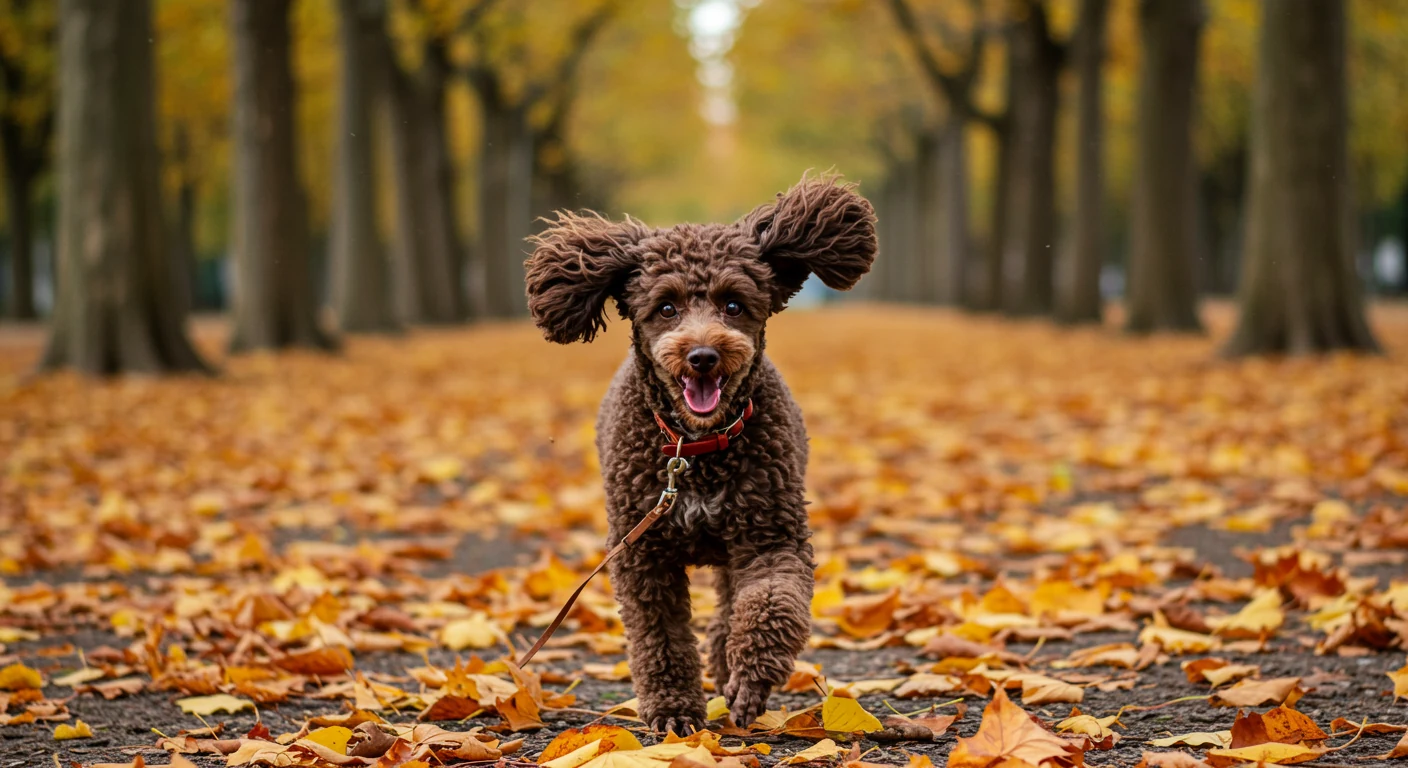 Caniche miniature trottant joyeusement dans un parc francais en automne